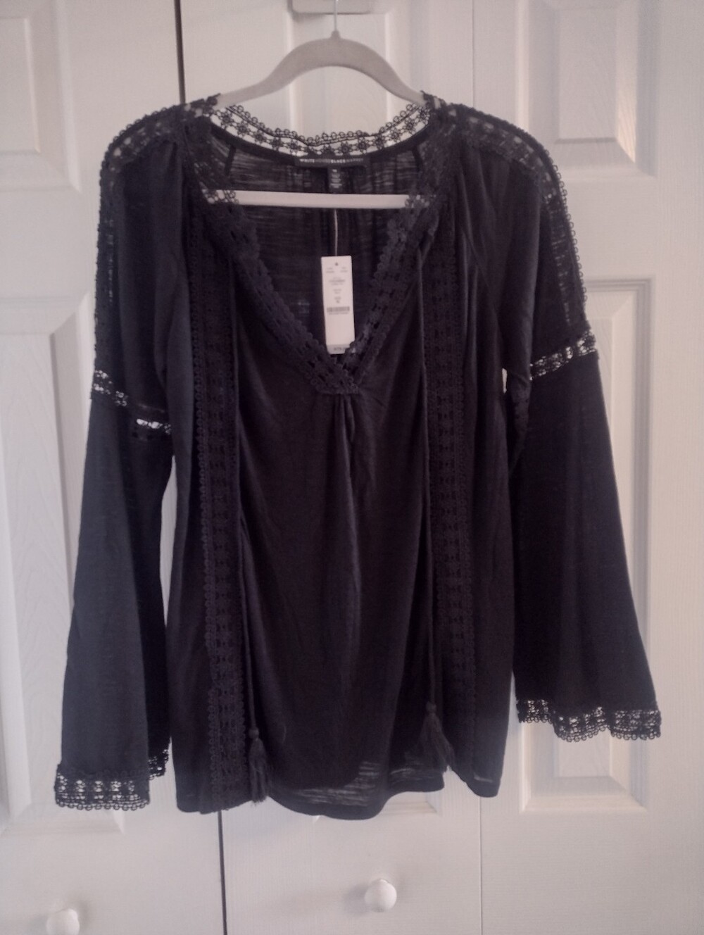 NWT Black Lace-Trim Boho Peasant Blouse - Women's M